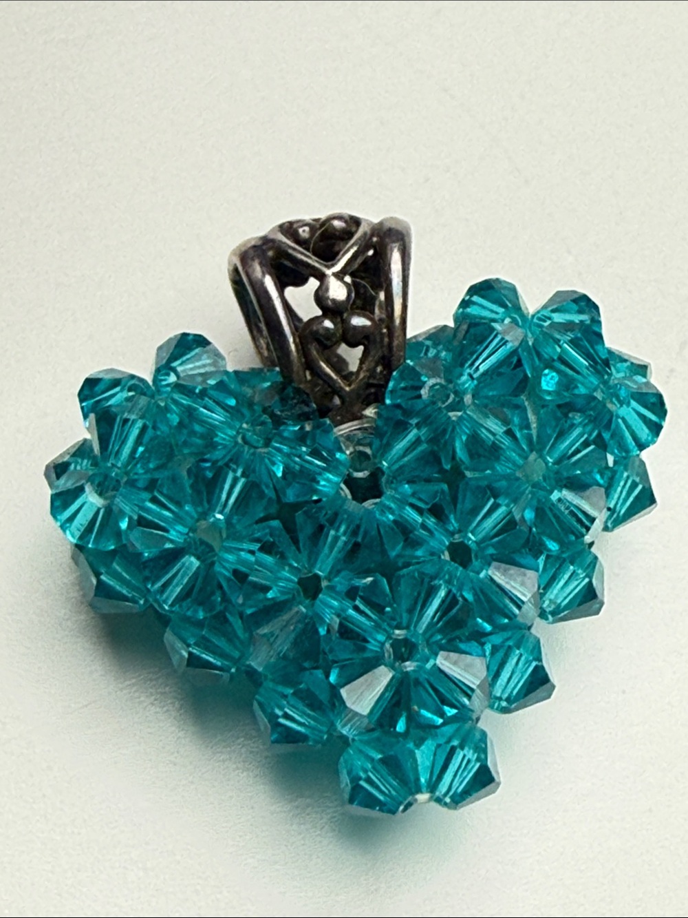 Teal Crystal Heart Pendant Necklace artisan plastic beads and 925 bale charm